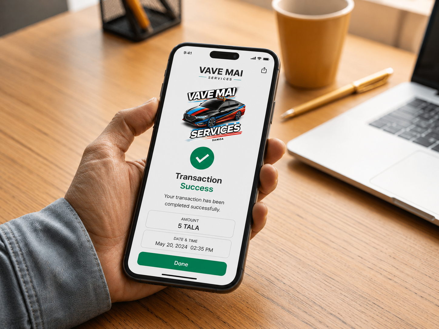 Mobile payment confirmation screen on a tropical background